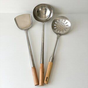 3pc New Vintage Wok Utensils Set Stainless Steel Wood Spatula Ladle Skimmer 19"